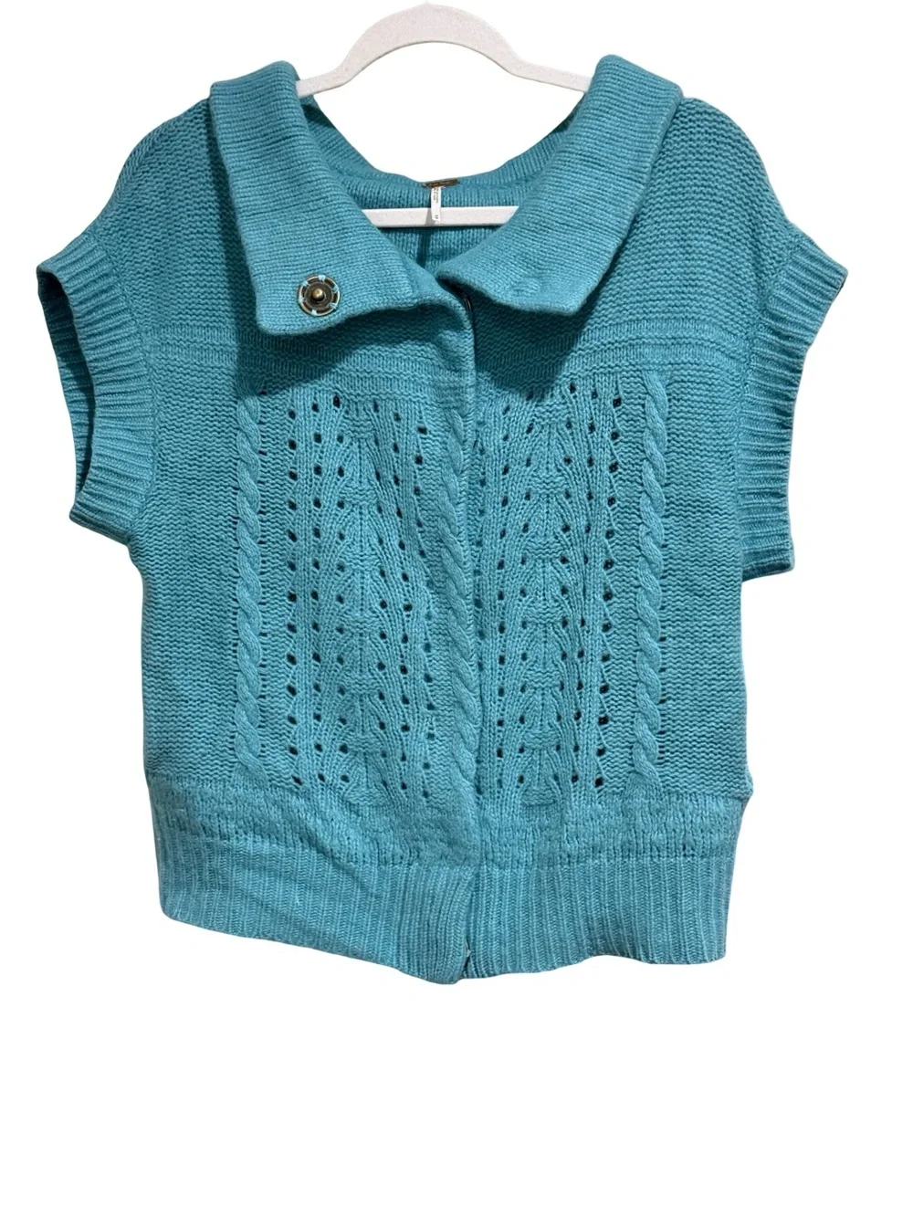 ✨Free People Blue Wool Blend Collared Cardigan Size M Short Sleeve Knit Sweater